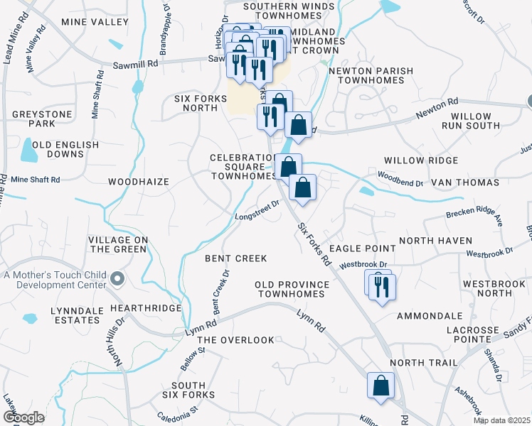 map of restaurants, bars, coffee shops, grocery stores, and more near 7020 Mine Creek Lane in Raleigh