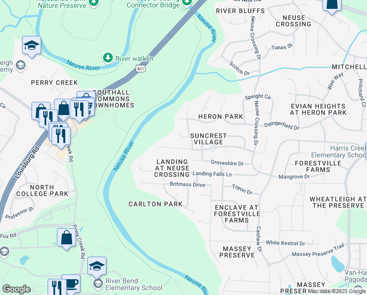 map of restaurants, bars, coffee shops, grocery stores, and more near 2925 Suncrest Village Lane in Raleigh
