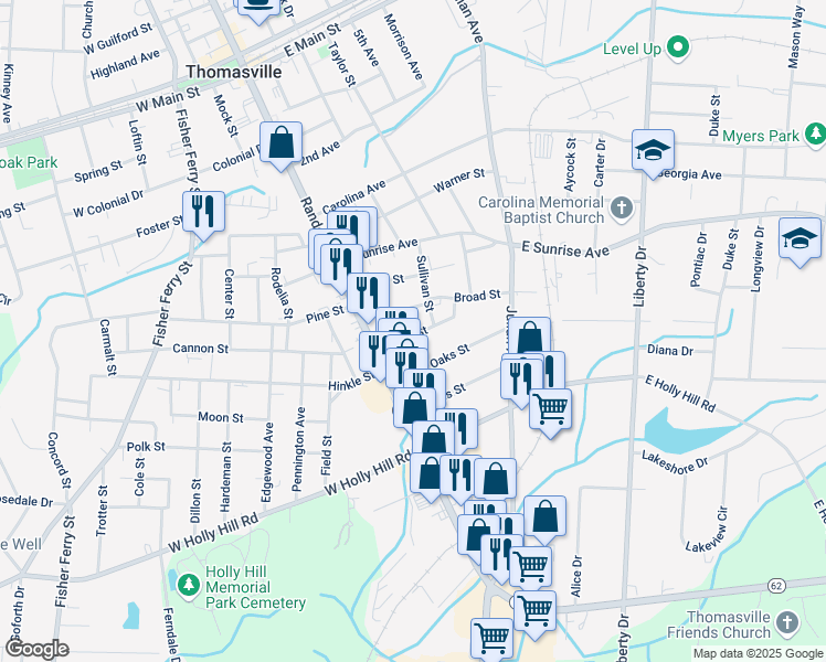 map of restaurants, bars, coffee shops, grocery stores, and more near 106 Estes Street in Thomasville