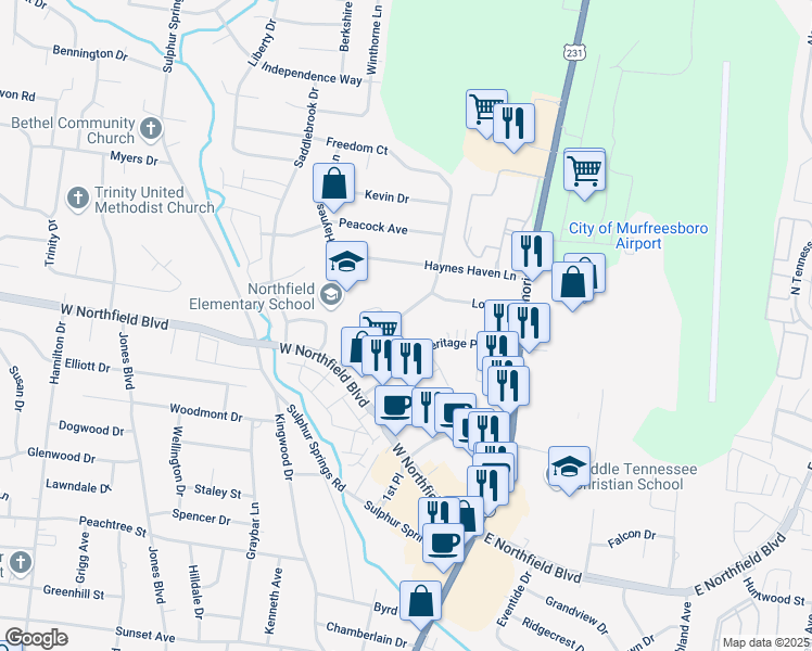 map of restaurants, bars, coffee shops, grocery stores, and more near 214 Heritage Park Drive in Murfreesboro