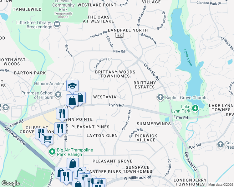 map of restaurants, bars, coffee shops, grocery stores, and more near 4606 Hamptonshire Drive in Raleigh