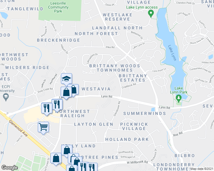 map of restaurants, bars, coffee shops, grocery stores, and more near 4606 Hamptonshire Drive in Raleigh