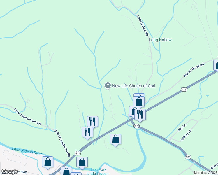 map of restaurants, bars, coffee shops, grocery stores, and more near 243 Murrell Meadows Drive in Sevierville