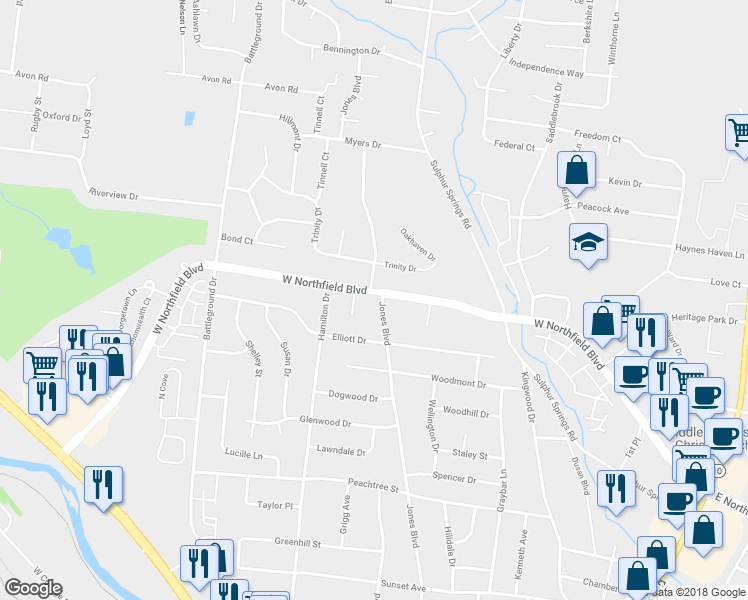map of restaurants, bars, coffee shops, grocery stores, and more near 915 West Northfield Boulevard in Murfreesboro