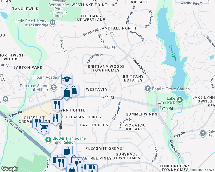 map of restaurants, bars, coffee shops, grocery stores, and more near 4606 Hamptonshire Drive in Raleigh