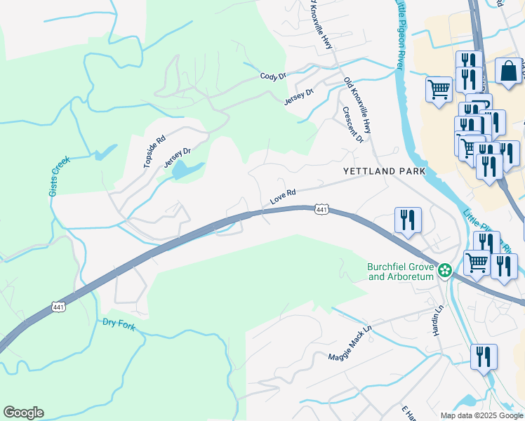 map of restaurants, bars, coffee shops, grocery stores, and more near 789 West Main Street in Sevierville