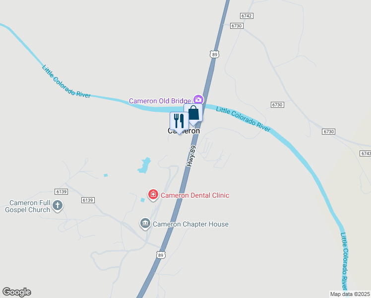 map of restaurants, bars, coffee shops, grocery stores, and more near 2 U.S. 89 in Cameron