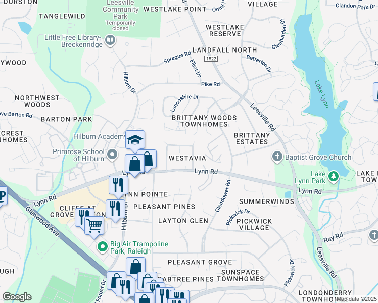 map of restaurants, bars, coffee shops, grocery stores, and more near 6921 Spring Drive in Raleigh