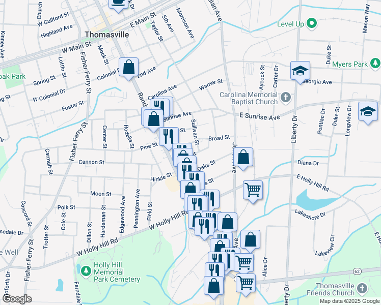 map of restaurants, bars, coffee shops, grocery stores, and more near 106 Estes Street in Thomasville