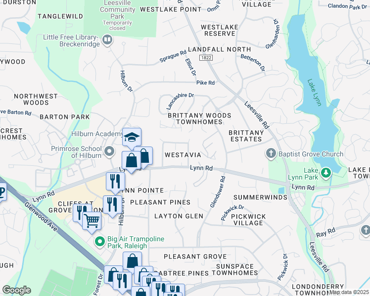 map of restaurants, bars, coffee shops, grocery stores, and more near 6921 Spring Drive in Raleigh