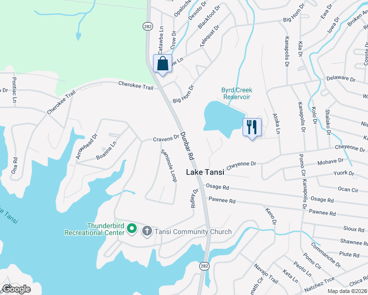 map of restaurants, bars, coffee shops, grocery stores, and more near 2536 Dunbar Road in Crossville