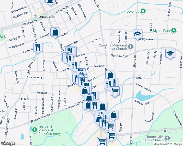 map of restaurants, bars, coffee shops, grocery stores, and more near 205 Estes Street in Thomasville