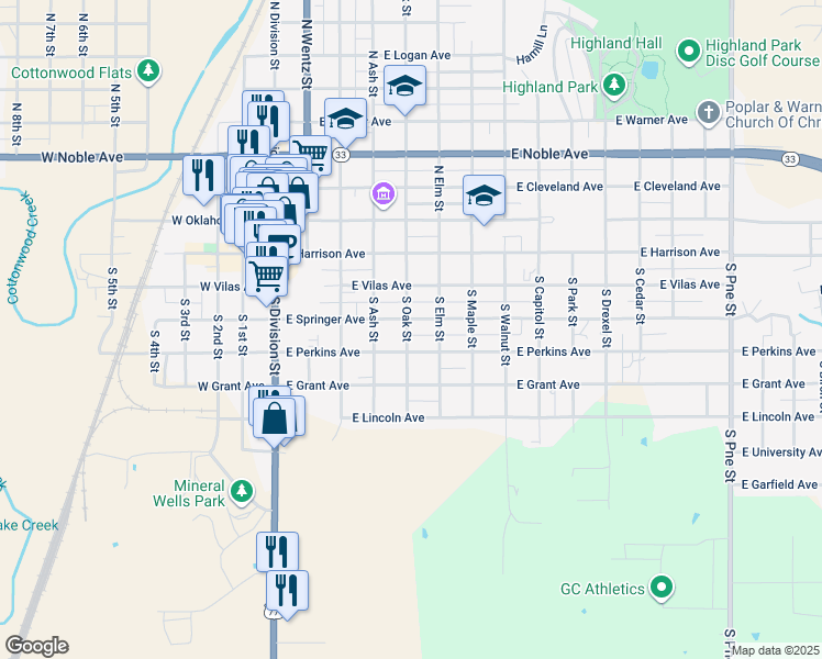 map of restaurants, bars, coffee shops, grocery stores, and more near 420 East Perkins Avenue in Guthrie