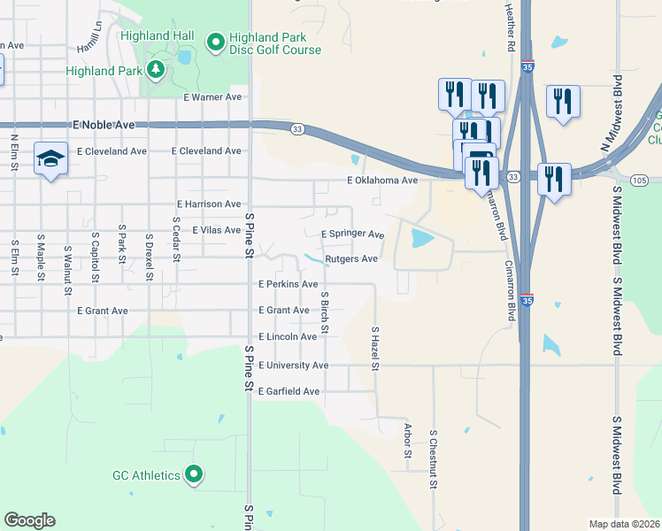 map of restaurants, bars, coffee shops, grocery stores, and more near 1720 East Perkins Avenue in Guthrie