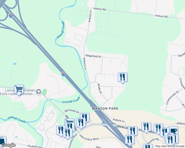map of restaurants, bars, coffee shops, grocery stores, and more near 111 Shrewsbury Road in Murfreesboro