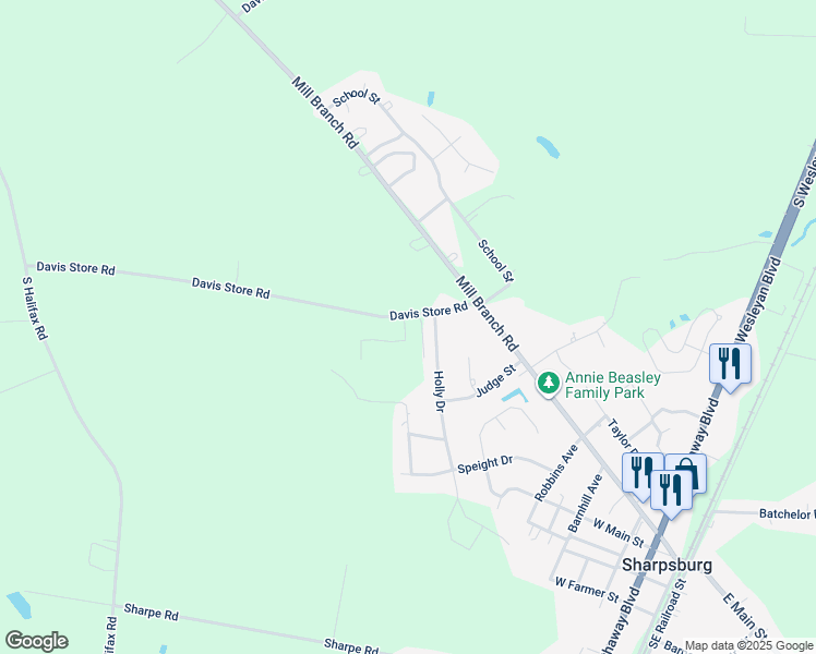 map of restaurants, bars, coffee shops, grocery stores, and more near Davis Store Road in Nash County