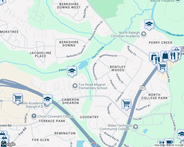 map of restaurants, bars, coffee shops, grocery stores, and more near 7005 Beaverwood Drive in Raleigh