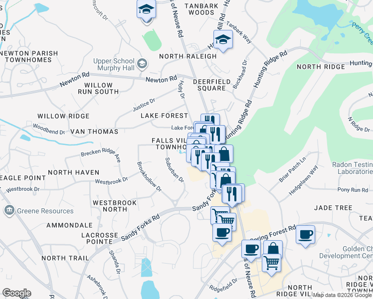 map of restaurants, bars, coffee shops, grocery stores, and more near 6653 Falls of Neuse Road in Raleigh