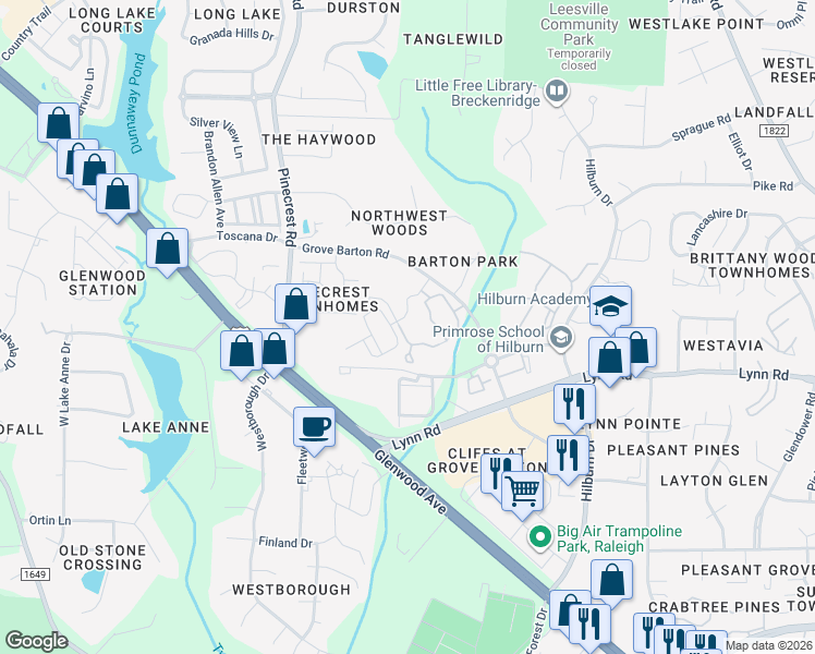 map of restaurants, bars, coffee shops, grocery stores, and more near 6933 Cameron Crest Circle in Raleigh