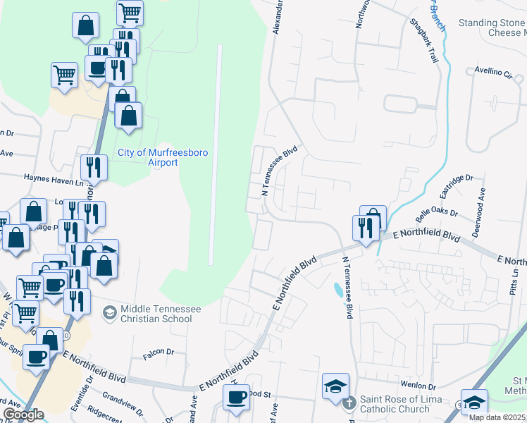 map of restaurants, bars, coffee shops, grocery stores, and more near 2315 North Tennessee Boulevard in Murfreesboro