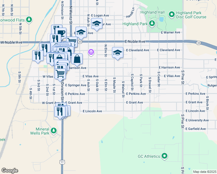 map of restaurants, bars, coffee shops, grocery stores, and more near 419 South Elm Street in Guthrie