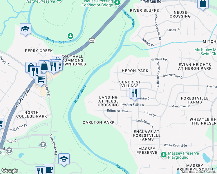 map of restaurants, bars, coffee shops, grocery stores, and more near 3932 Landing Brook Lane in Raleigh