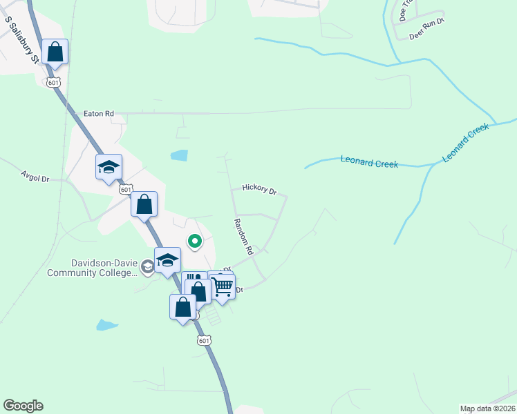 map of restaurants, bars, coffee shops, grocery stores, and more near 126 Woodhaven Lane in Mocksville
