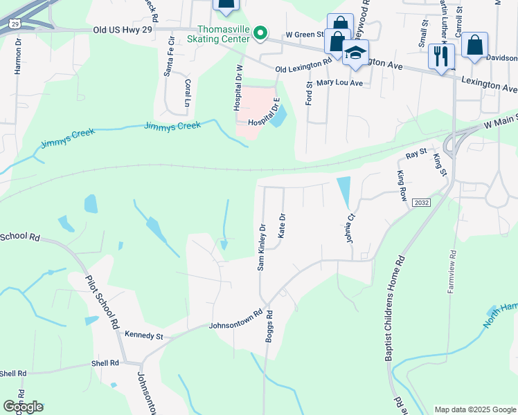 map of restaurants, bars, coffee shops, grocery stores, and more near 219 Sam Kinley Drive in Thomasville