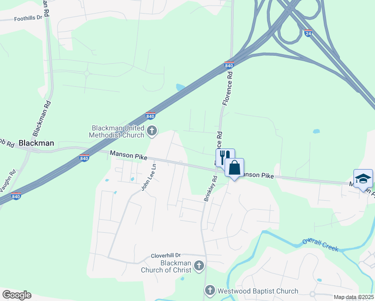 map of restaurants, bars, coffee shops, grocery stores, and more near 4310 Manson Pike in Murfreesboro