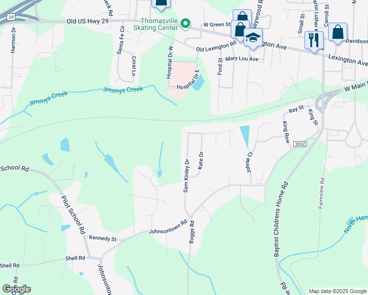 map of restaurants, bars, coffee shops, grocery stores, and more near 219 Sam Kinley Drive in Thomasville