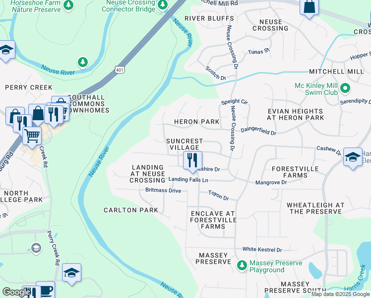 map of restaurants, bars, coffee shops, grocery stores, and more near 3129 Suncrest Village Lane in Raleigh
