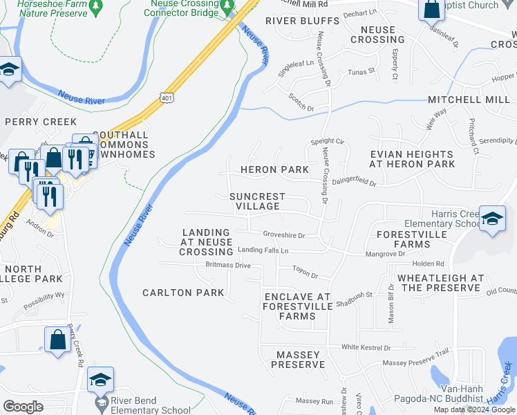 map of restaurants, bars, coffee shops, grocery stores, and more near 3129 Suncrest Village Lane in Raleigh