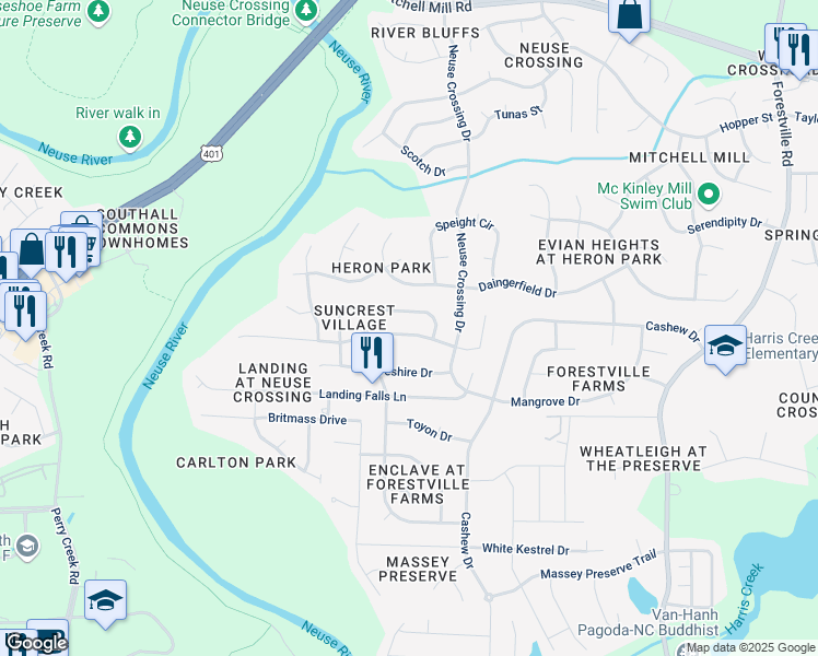 map of restaurants, bars, coffee shops, grocery stores, and more near 3205 Suncrest Village Lane in Raleigh