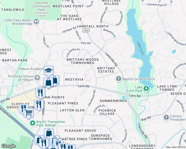 map of restaurants, bars, coffee shops, grocery stores, and more near 6920 Glendower Road in Raleigh