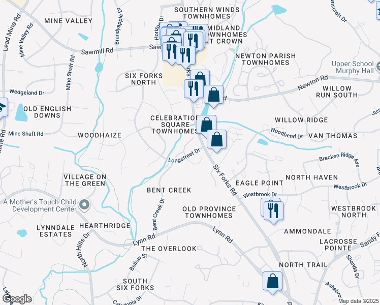 map of restaurants, bars, coffee shops, grocery stores, and more near 7104 Longstreet Drive in Raleigh