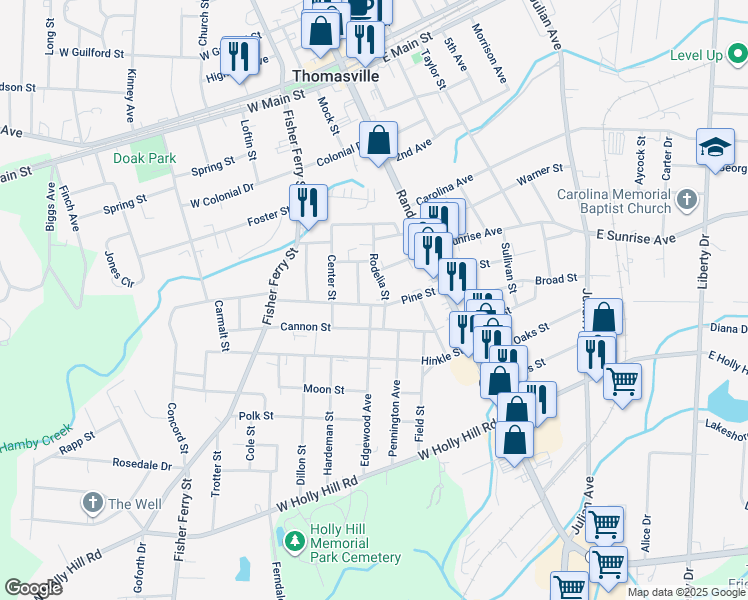 map of restaurants, bars, coffee shops, grocery stores, and more near 202 Rodelia Street in Thomasville