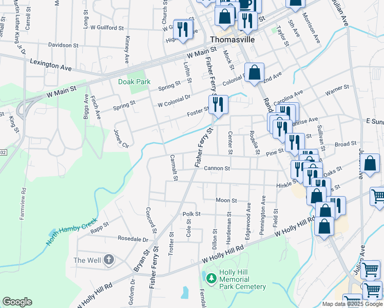map of restaurants, bars, coffee shops, grocery stores, and more near 318 Fisher Ferry Street in Thomasville