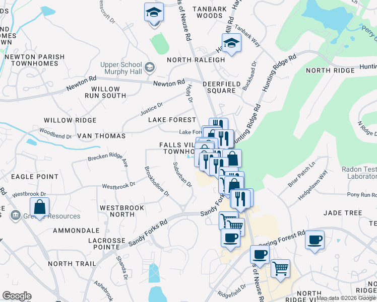 map of restaurants, bars, coffee shops, grocery stores, and more near 822 Lake Forest Drive in Raleigh