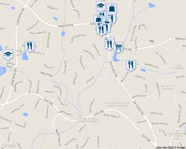 map of restaurants, bars, coffee shops, grocery stores, and more near 7532 Stuart Drive in Raleigh