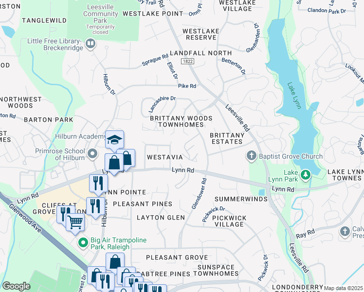 map of restaurants, bars, coffee shops, grocery stores, and more near 4522 Hamptonshire Drive in Raleigh