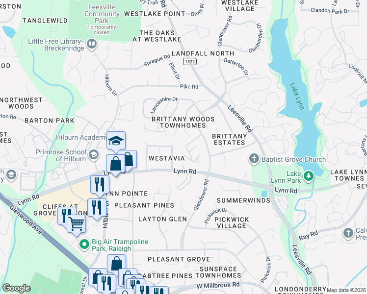 map of restaurants, bars, coffee shops, grocery stores, and more near 6905 Sandringham Drive in Raleigh