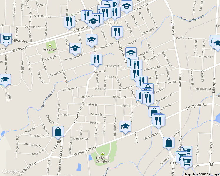 map of restaurants, bars, coffee shops, grocery stores, and more near 309 Center Street in Thomasville
