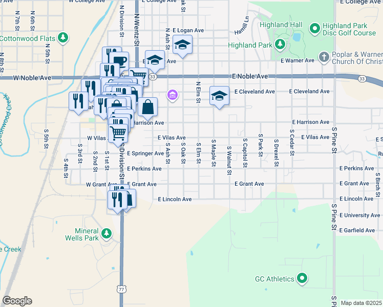 map of restaurants, bars, coffee shops, grocery stores, and more near 521 East Vilas Avenue in Guthrie