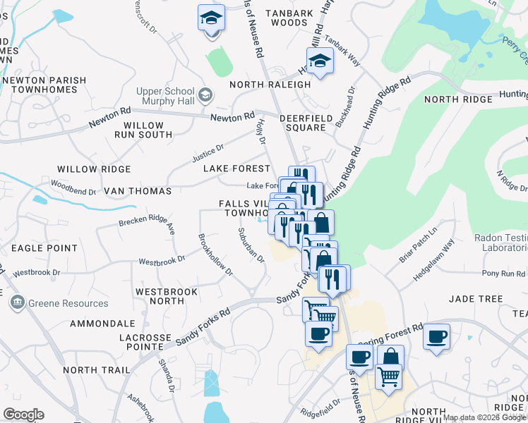 map of restaurants, bars, coffee shops, grocery stores, and more near 836 Lake Forest Drive in Raleigh
