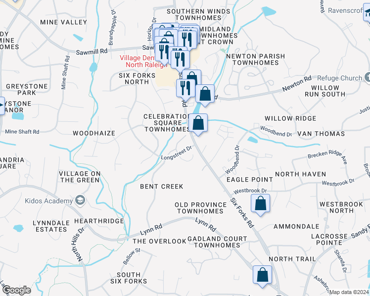 map of restaurants, bars, coffee shops, grocery stores, and more near 7012 Longstreet Drive in Raleigh