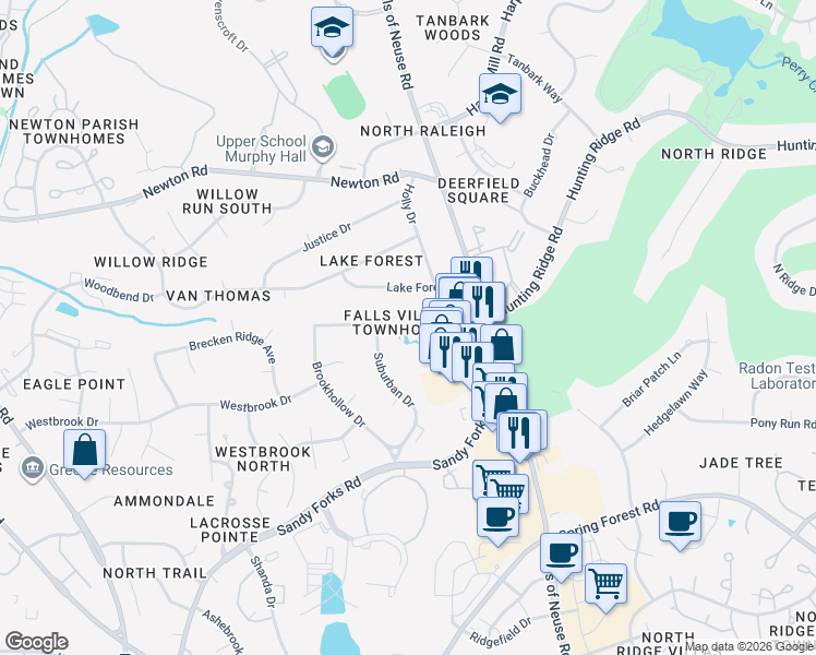 map of restaurants, bars, coffee shops, grocery stores, and more near 822 Lake Forest Drive in Raleigh