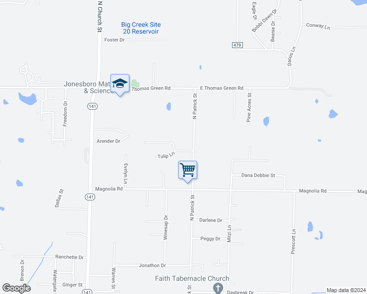 map of restaurants, bars, coffee shops, grocery stores, and more near 910 Sweetheart Lane in Jonesboro