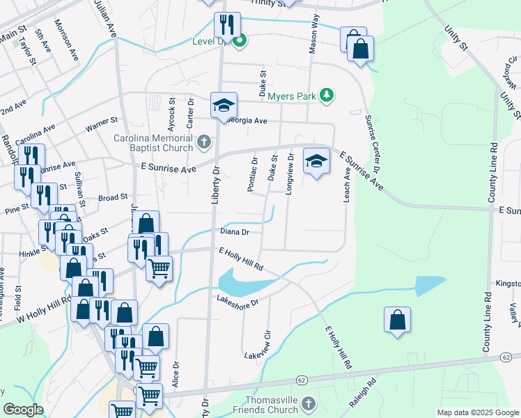 map of restaurants, bars, coffee shops, grocery stores, and more near 715 Harrington Street in Thomasville