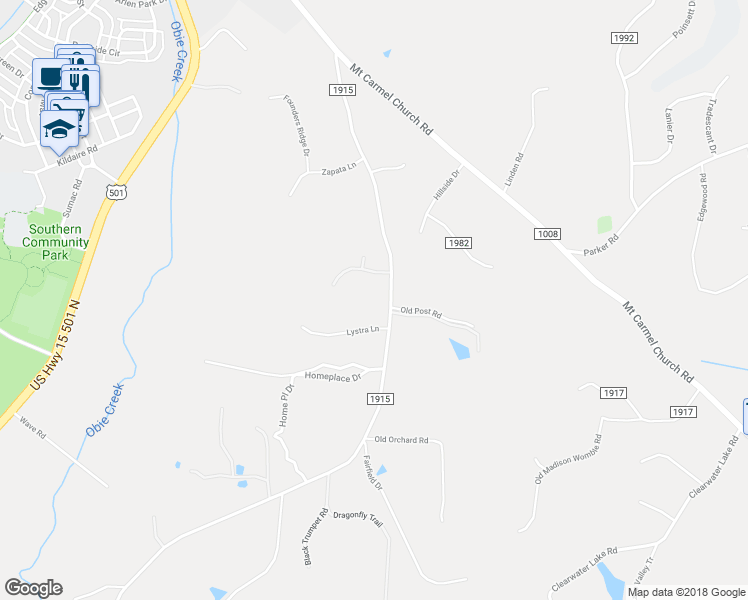 map of restaurants, bars, coffee shops, grocery stores, and more near 1205 Old Lystra Road in Chapel Hill