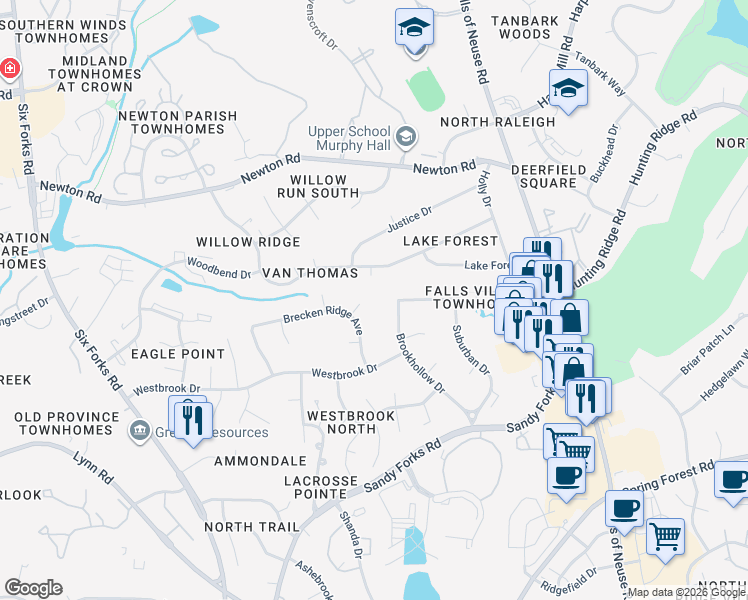 map of restaurants, bars, coffee shops, grocery stores, and more near 6712 Spencer Court in Raleigh